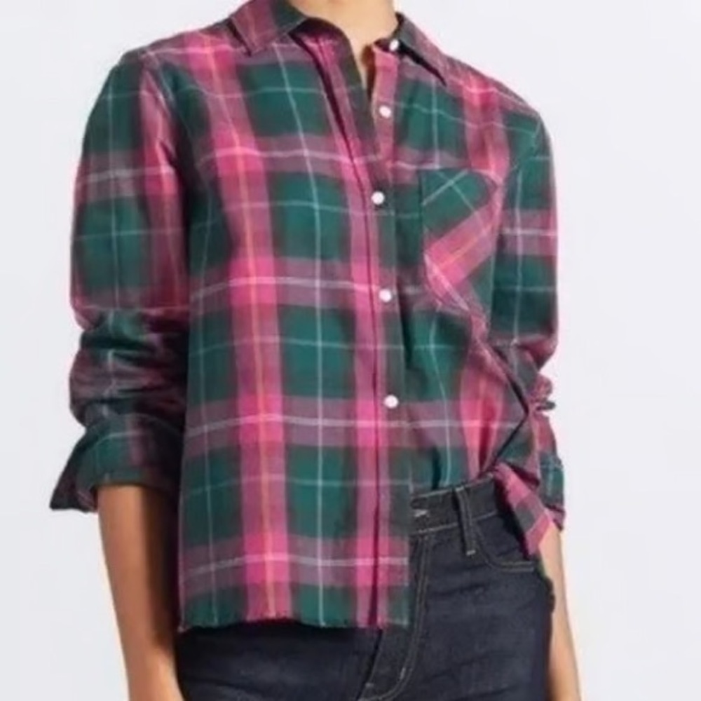 Current/Elliott NWT Plaid Checked Pink Green Button Distressed Shirt XS (2)
